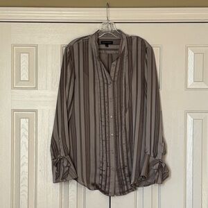 Banana Republic Taupe Semi Sheer Shadow Stripe Tuxedo Pleat Blouse